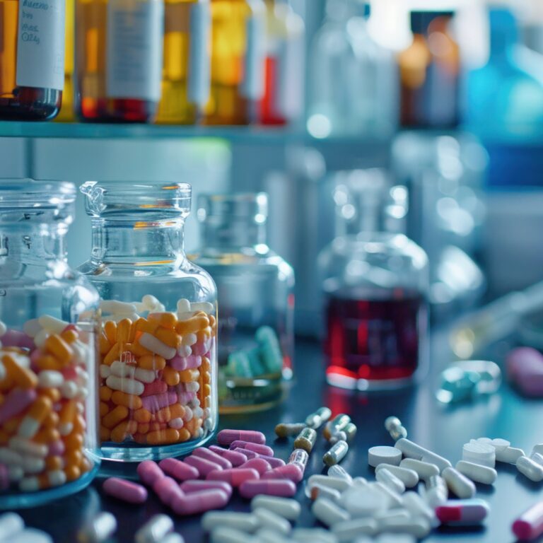 An Exploring the microbiome for pharmaceuticals, detailed lab research on bacteria and drugs, copy space.