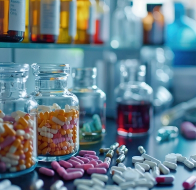An Exploring the microbiome for pharmaceuticals, detailed lab research on bacteria and drugs, copy space.