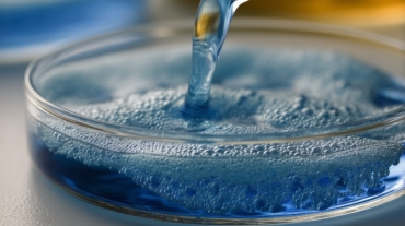 Clear blue liquid is being poured into a petri dish, creating bubbles as it reacts. The laboratory setting is well lit, showcasing various glassware in the background.