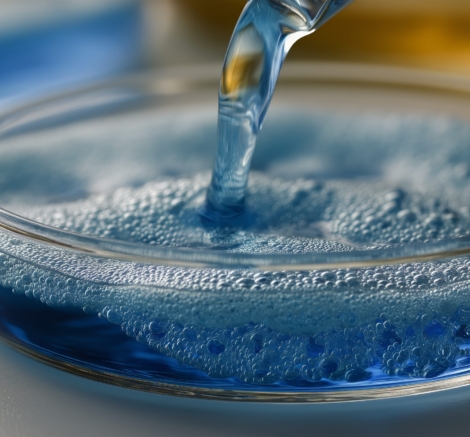 Clear blue liquid is being poured into a petri dish, creating bubbles as it reacts. The laboratory setting is well lit, showcasing various glassware in the background.