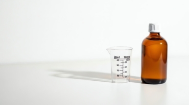 An amber glass bottle with a white cap sits next to a clear plastic measuring cup with dosage markings on a clean white surface.
