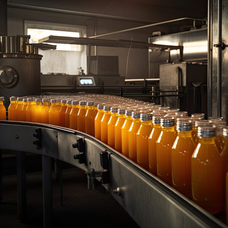 Bottling line of orange juice in bottles at a modern beverage plant, A beverage plant factory interior view with a conveyor system, AI Generated