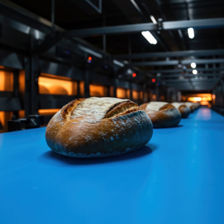 A row of fresh, crusty bread rolls sit atop a blue conveyor belt, illuminated by overhead lights in what appears to be an industrial bakery setting. The loaves have a golden-brown crust and a scored design on top. In the background, ovens glow with heat, suggesting the baking process is still underway. The composition and setting could be used to illustrate concepts related to food production, manufacturing, baking, or even the intersection of tradition and technology in modern food businesses.