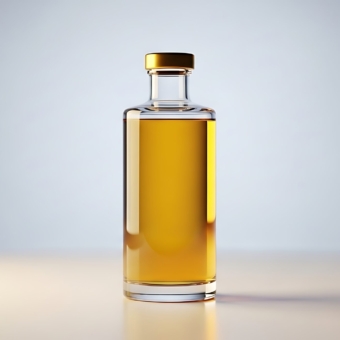 A clear glass bottle filled with golden oil standing upright on a neutral surface with soft lighting and minimalistic background, creating a clean and modern look ideal for health and cooking product marketing.