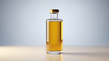 A clear glass bottle filled with golden oil standing upright on a neutral surface with soft lighting and minimalistic background, creating a clean and modern look ideal for health and cooking product marketing.