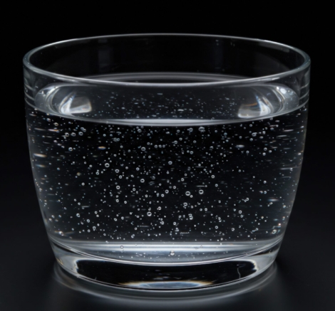 A clear glass filled with sparkling water sits against a stark black backdrop. The drink bubbles with effervescence, its transparent liquid filled with numerous tiny bubbles. The glass is simple in design, with smooth, curved lines. The scene is illuminated to highlight the texture and clarity of the water. This image could be used for advertisements, articles, or other projects related to hydration, beverages, or the refreshment industry. It evokes feelings of cleanliness and thirst-quenching.