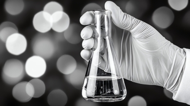 A scientist wearing a white glove holds a glass flask filled with clear liquid against a blurred bokeh background, illustrating laboratory experimentation.