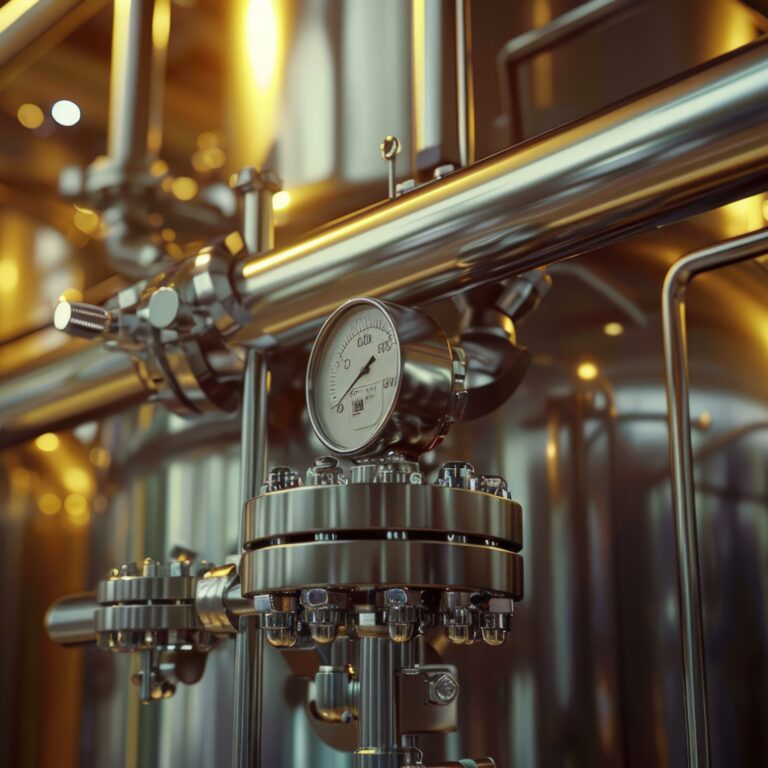 A close-up view showcases industrial equipment featuring pipes and tanks constructed from shiny stainless steel. The focus is on a pressure gauge mounted on a cylindrical component. The composition includes connecting pipes and valves. The setting suggests a factory, plant, or production facility. The design and materials reflect functional aesthetics relevant to engineering, manufacturing, or industrial applications. It can be utilized for illustrating industrial processes, technology, or infrastructure topics.