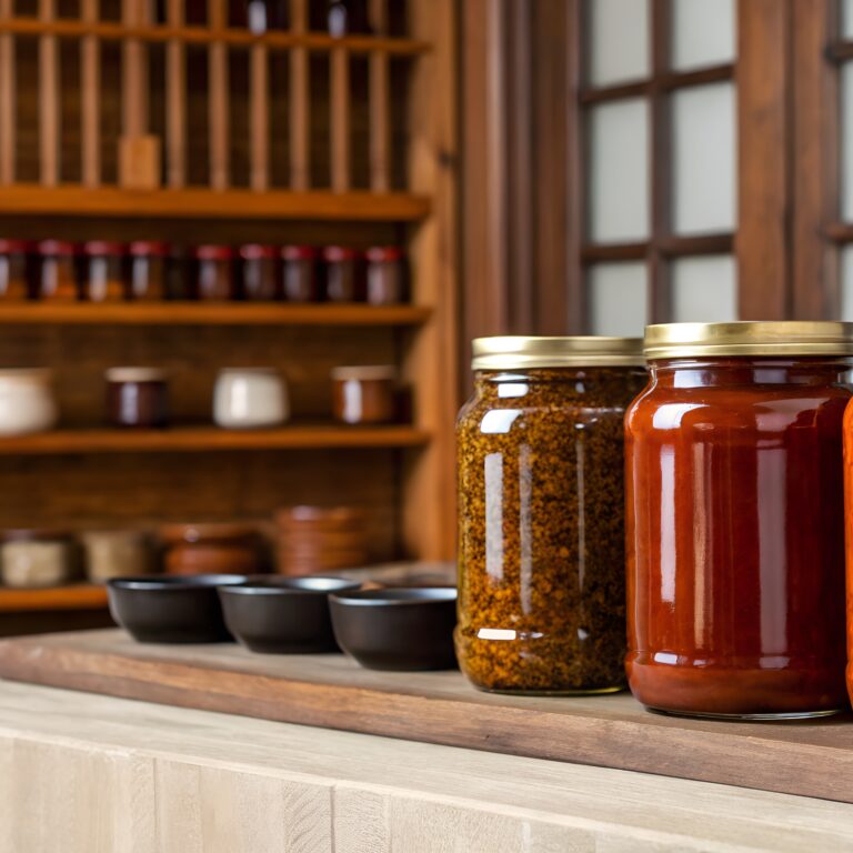 Three Jars of Preserves On Rustic Wooden Shelf With Shelves Of Jars Behind