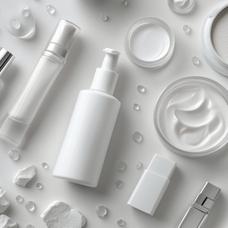 Clean and minimalistic composition of various skincare products including creams, serums, and bottles set against a white background, emphasizing simplicity and elegance.
