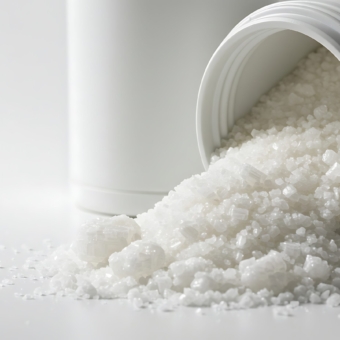 White crystals are spilling from a white plastic jar onto a white surface, possibly for bath or cosmetic use.