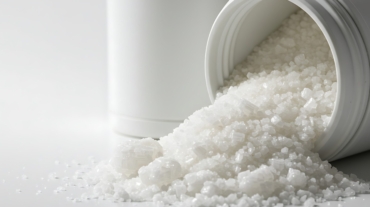 White crystals are spilling from a white plastic jar onto a white surface, possibly for bath or cosmetic use.